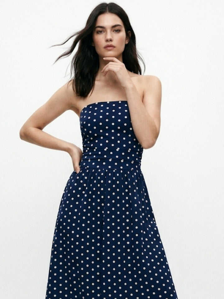 Navy Blue Tube Polka Printed Dress