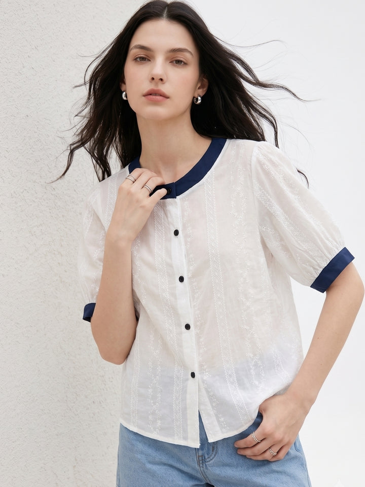 White Sheer Top With Contrast Binding