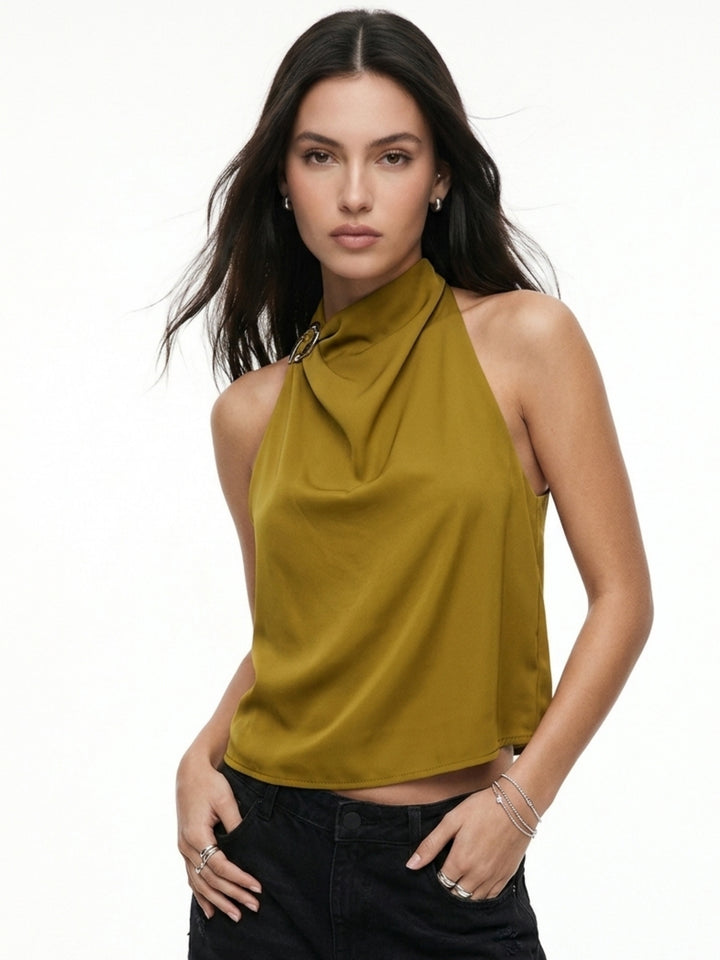 Mustard Halter Neck Buckle Detail Top