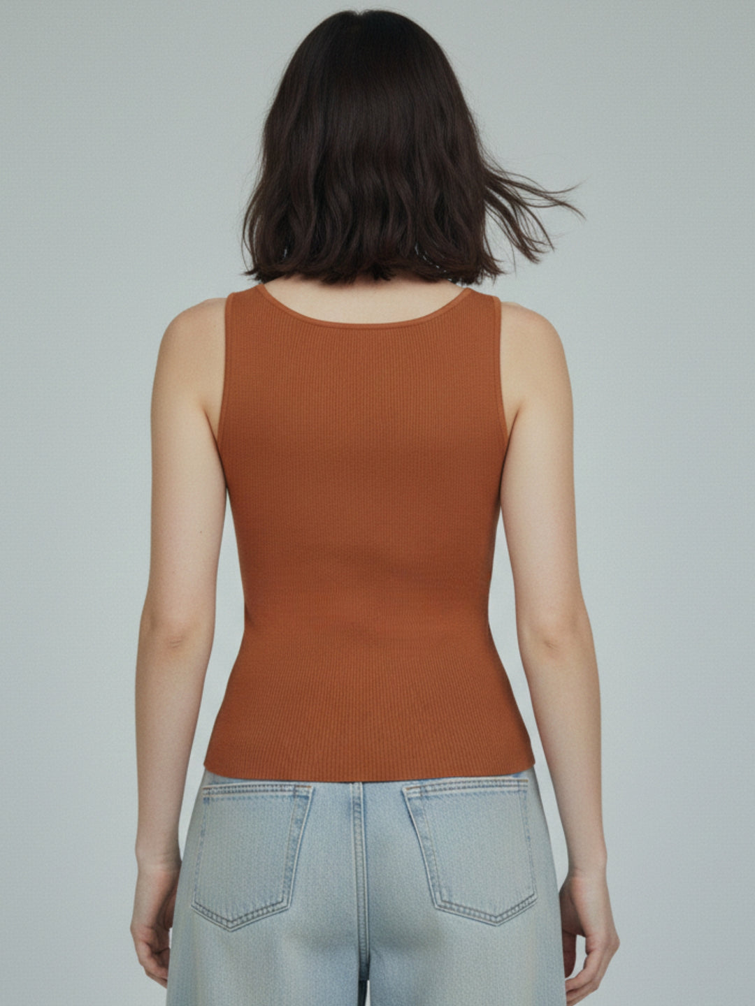 Brown Scoop Neck Tank With Metal Buckles Trim