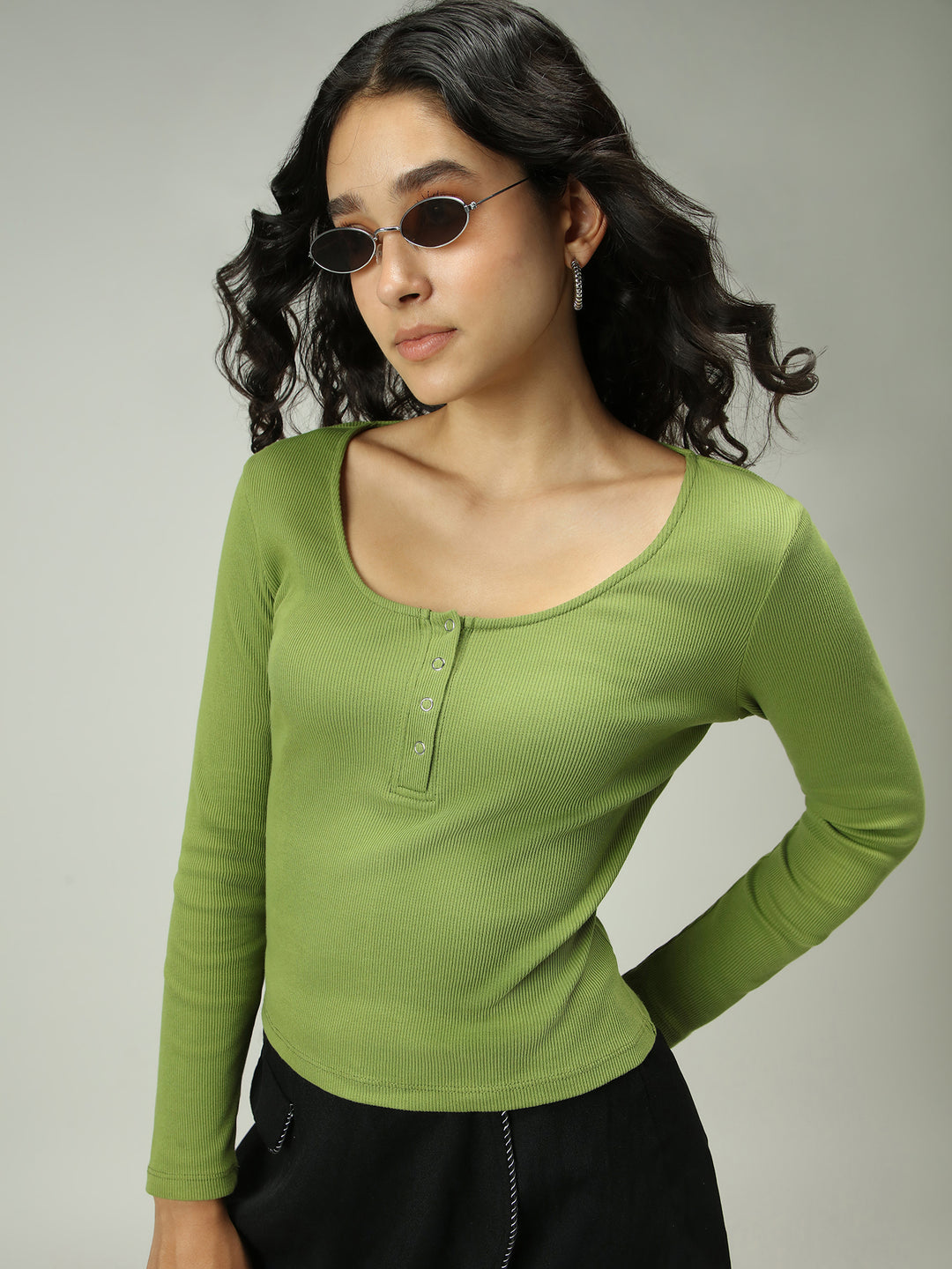 Olive Button Down Ribbed Knit Top
