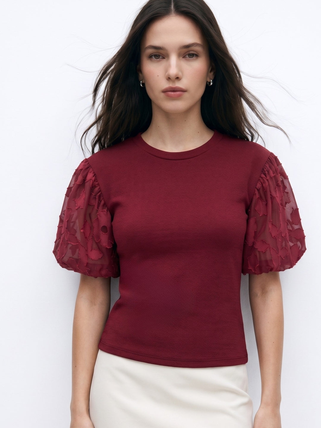 Maroon Puff Textured Sleeved Top