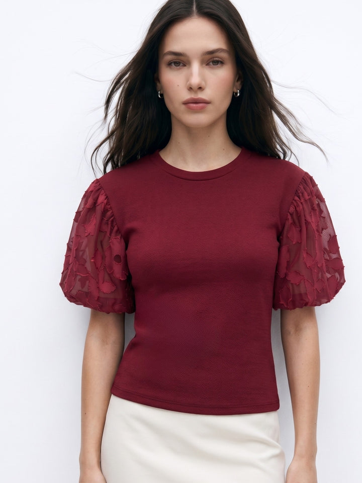 Maroon Puff Textured Sleeved Top