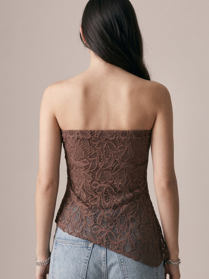 Brown Tube Asymmetric Lace Top