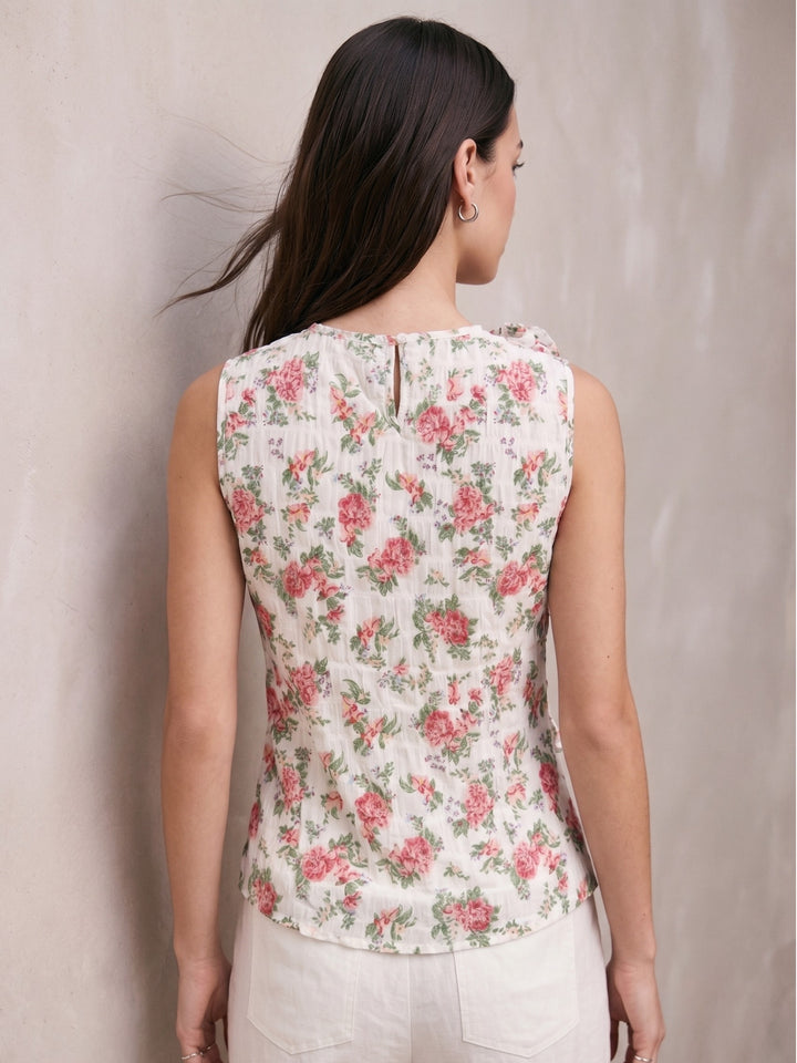 White Elegant Sleeveless Blouse With Ruffle And Corsage Detail