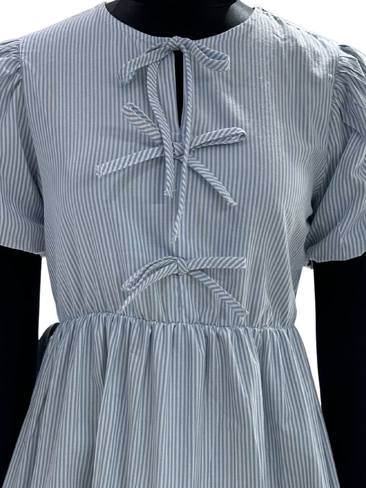 Blue Puff Sleeve Bow-Tie Dress