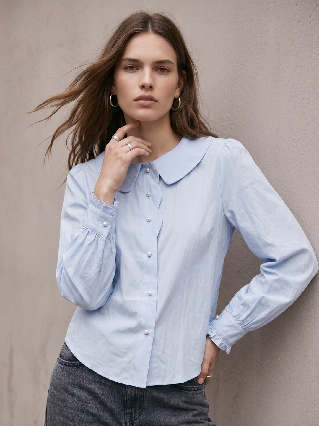 Blue Scallop Placket Peter Pan Shirt