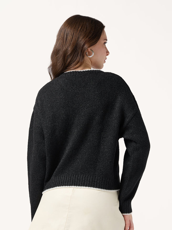 Black Contrast Binding Hem And Neck Sweater