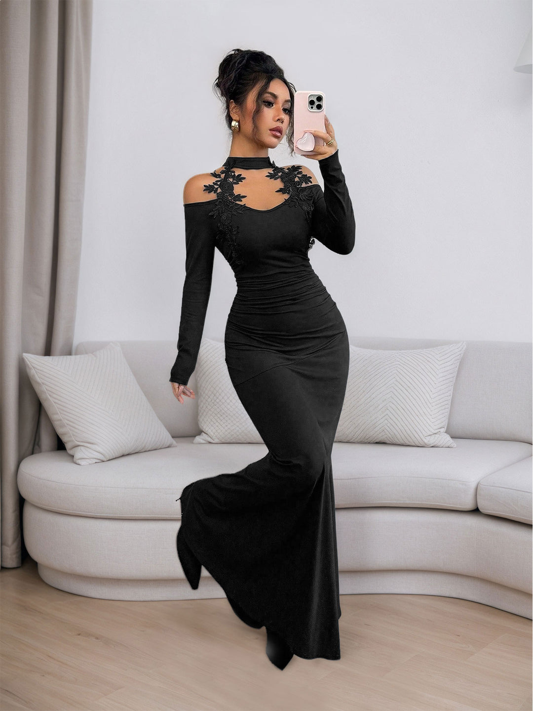 Black Full Sleeve Lace Neck Detail Dress