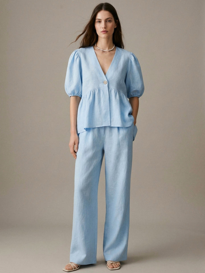 Blue Puff Sleeve V Neck Flared Top And Pant Set