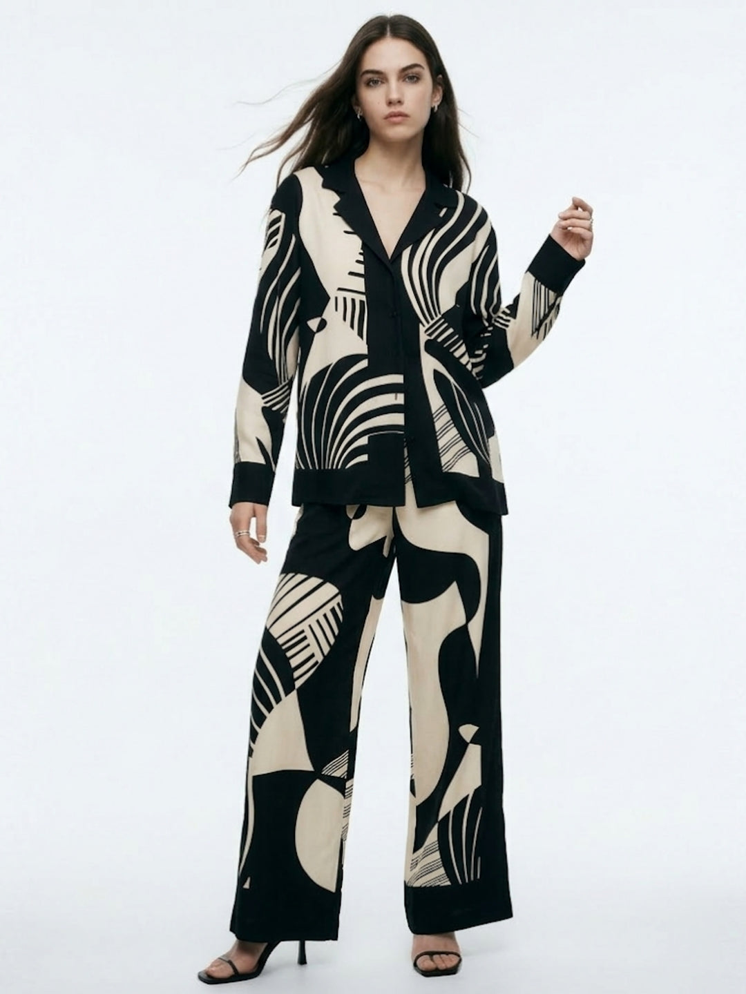 Black Abstract Print Shirt And Trouser Co-Ord Set