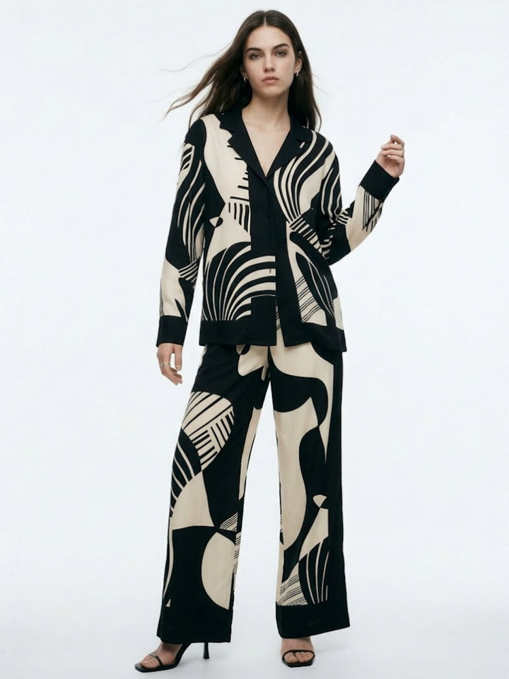 Black Abstract Print Shirt And Trouser Co-Ord Set
