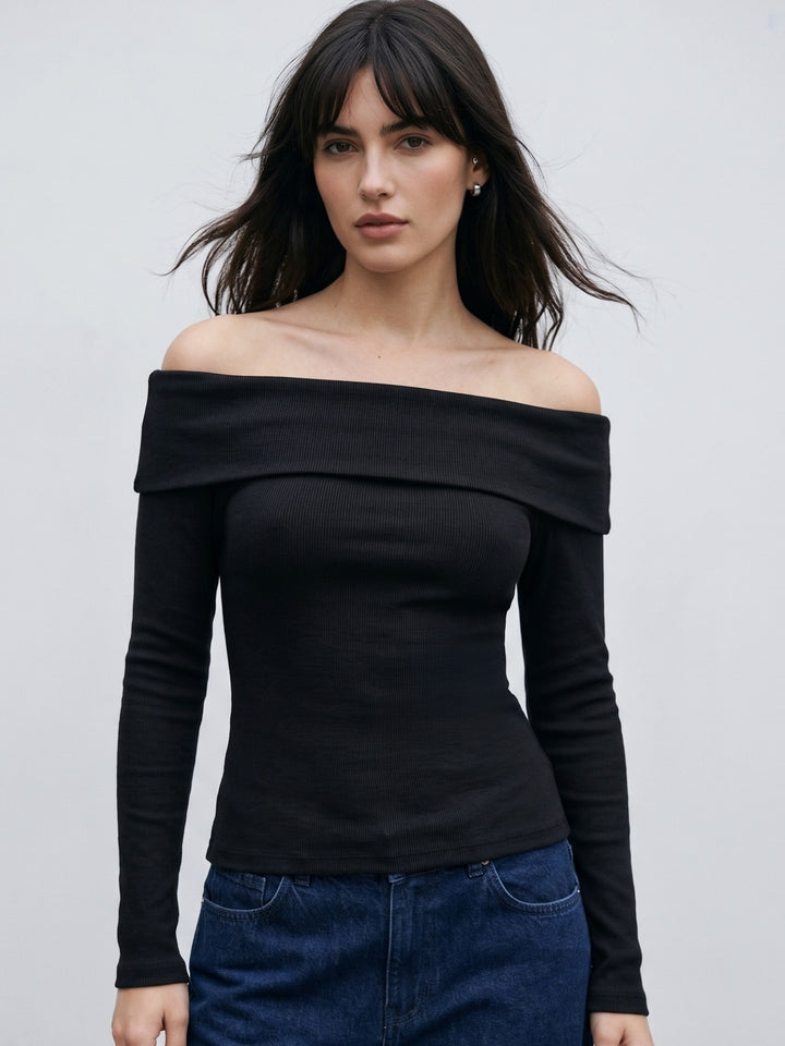 Black Off-Shoulder Fitted Top