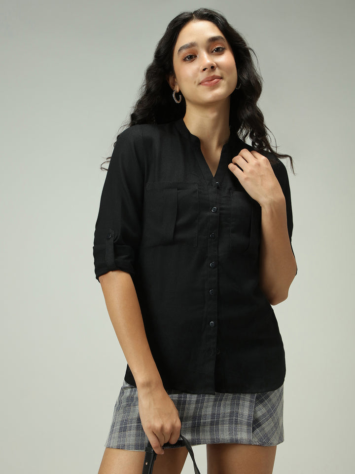 Black Solid V Neck Shirt