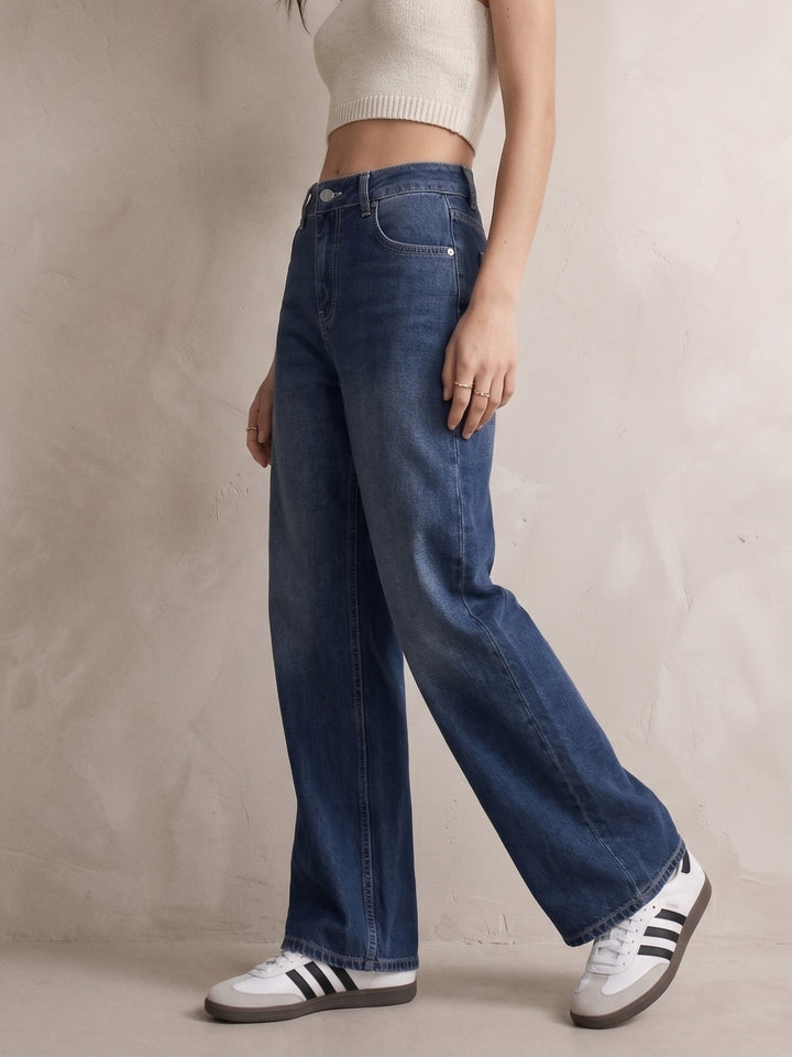 Navy Blue Solid Wide Leg Jeans