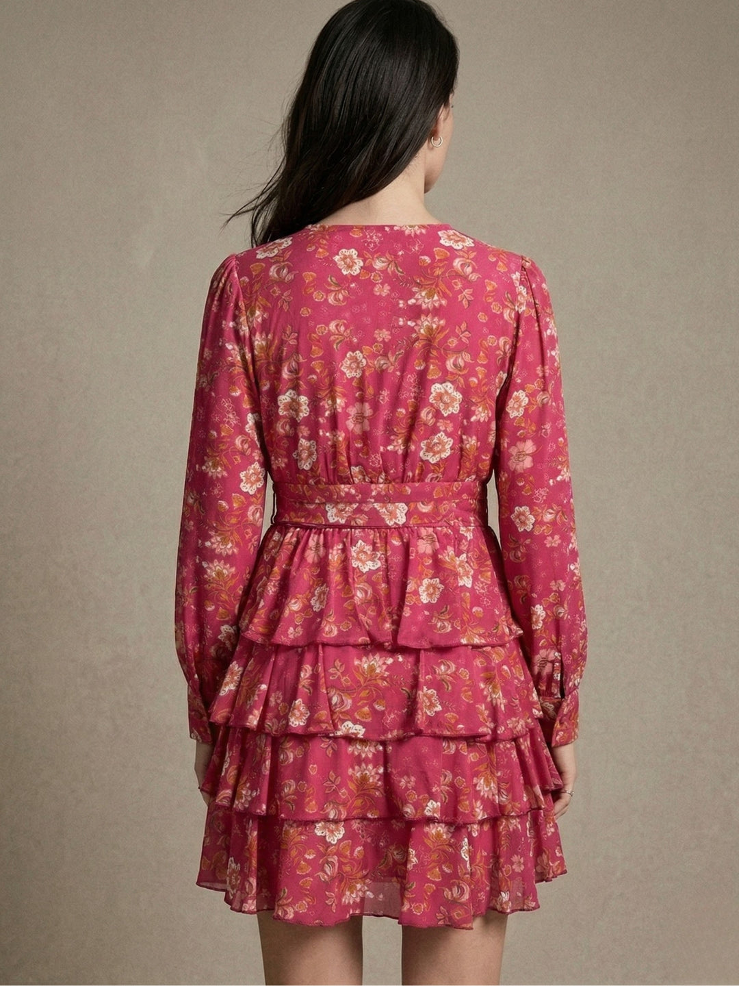 Pink Elegant Floral Layered Ruffle Hem Dress
