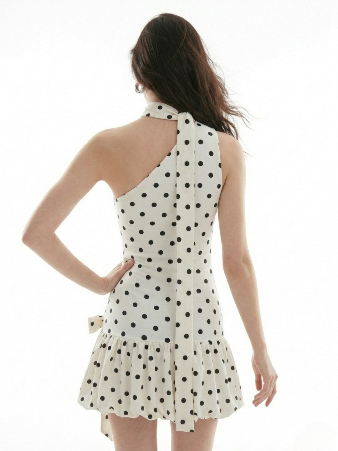 White Polka Dot Bubblehem Scarf Detail Mini Dress