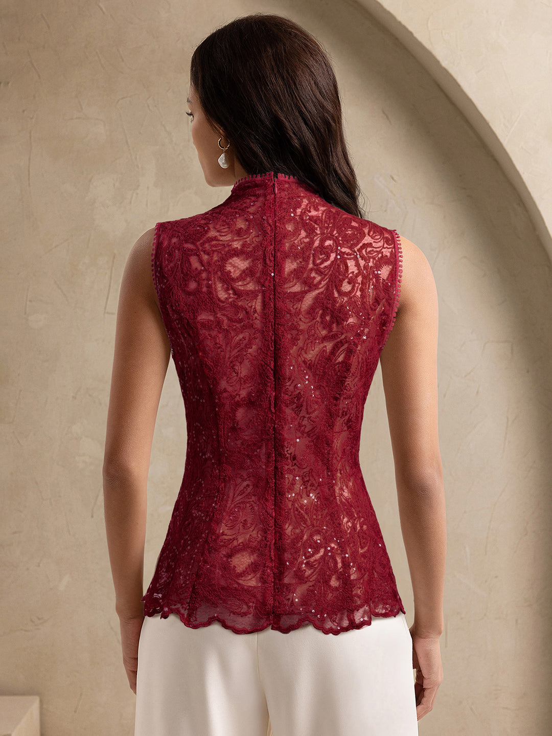 Maroon Lace Mock Neck Top
