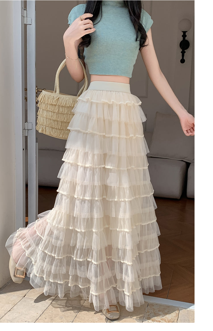 Cream Multi Ruffled Tiered Maxi Skirt