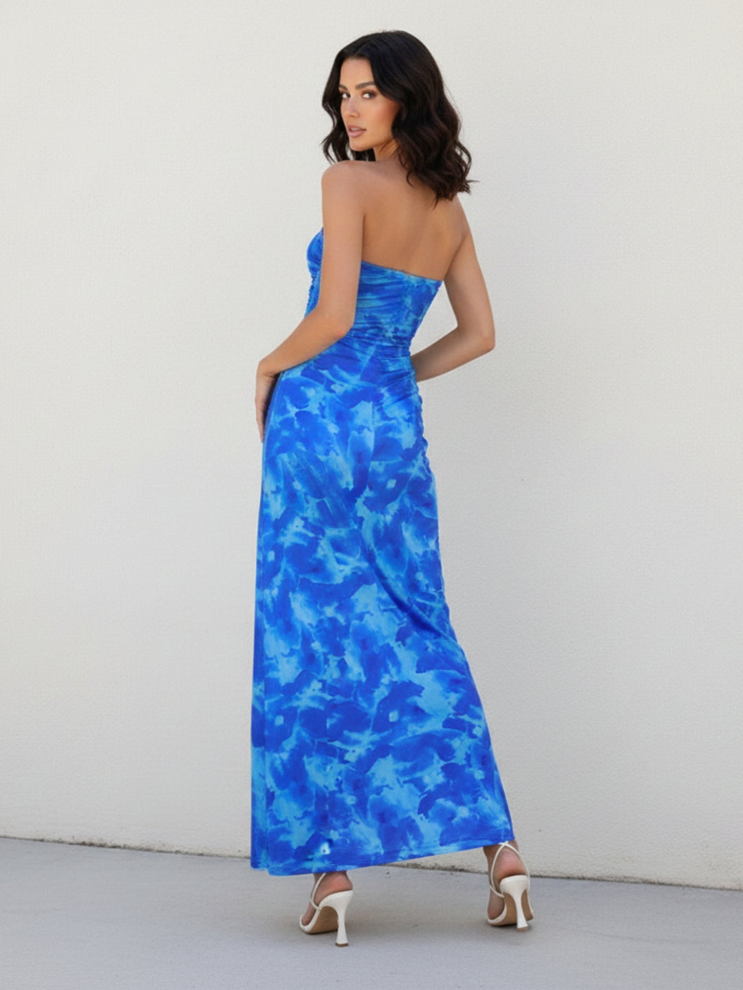 Blue Printed Tube Dress With Side Slit
