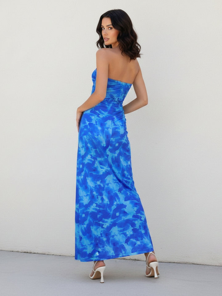Blue Printed Tube Dress With Side Slit