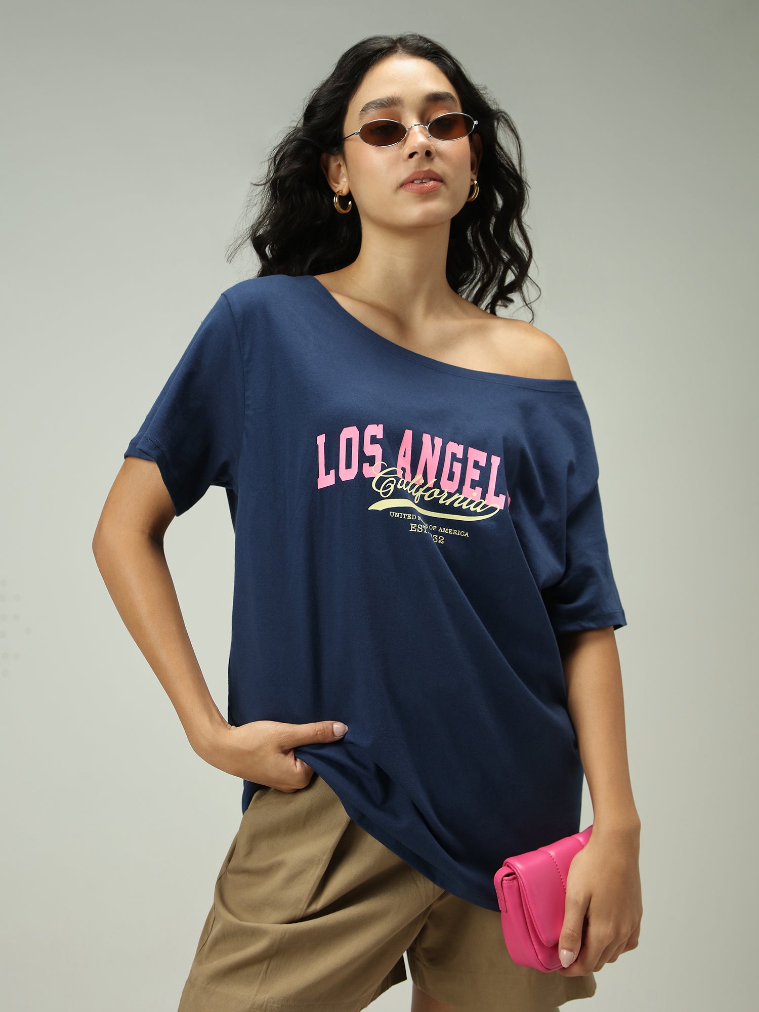 Navy Blue One Shoulder Graphic T-Shirt