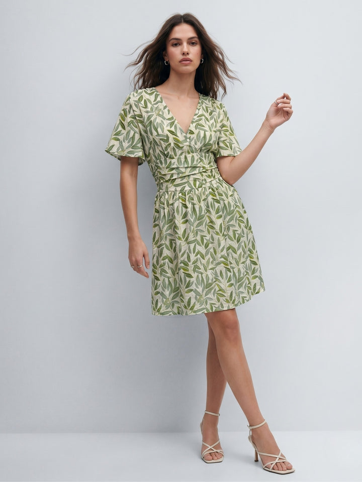Green Flare Sleeve Printed Dress