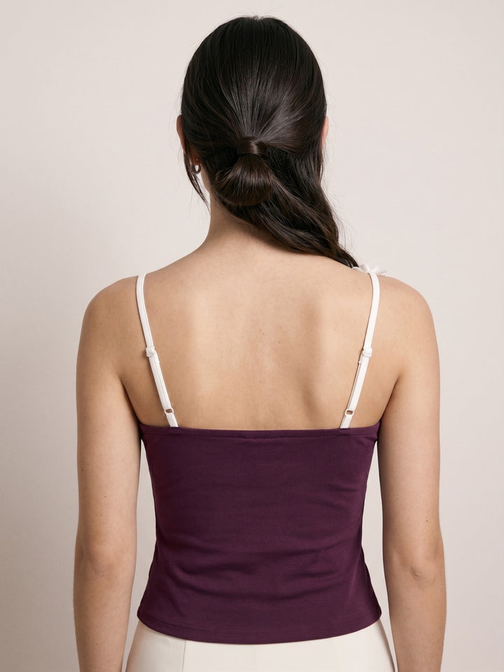 Wine Strappy Fitted Camisole With Floral Straps