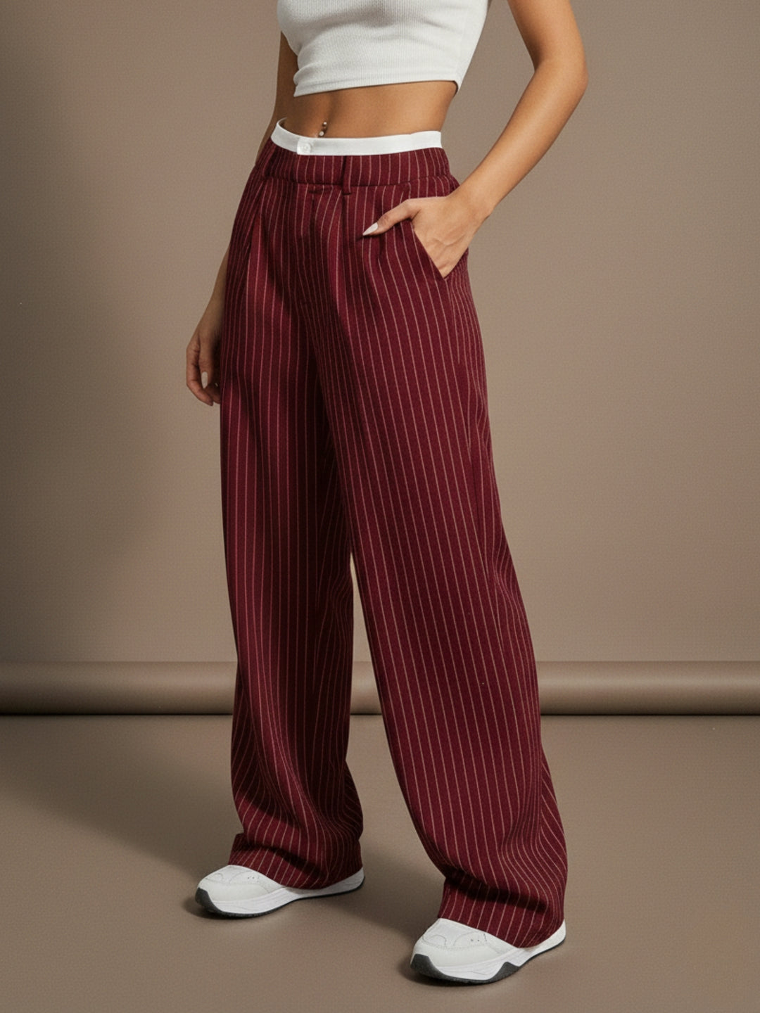 Maroon Contrast Waist Striped Wide Leg Pant