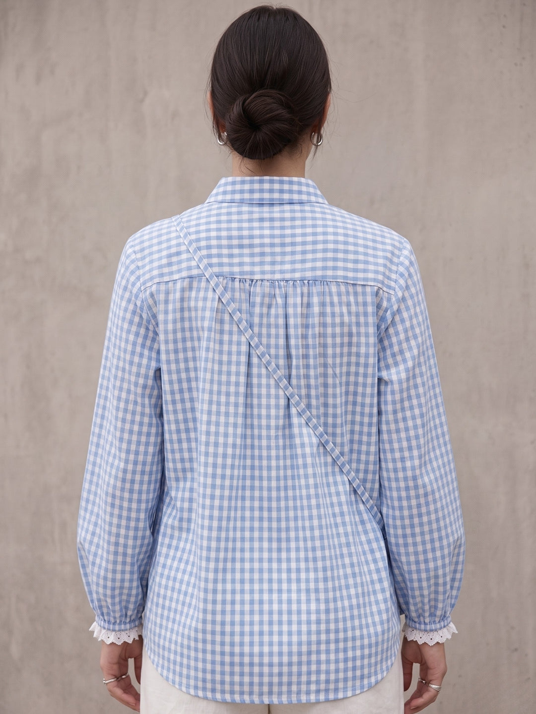 Blue Relaxed Fit Lace Detailed Ghingham Check Cotton Blouse With Self Fabric Bag