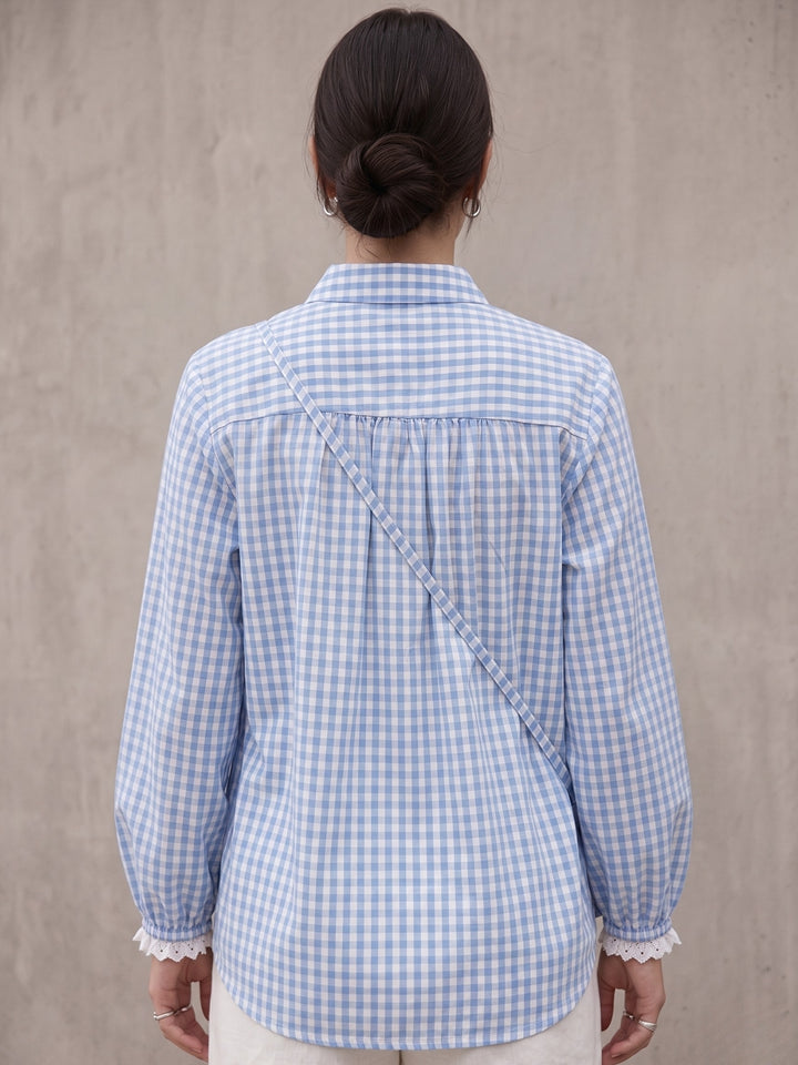 Blue Relaxed Fit Lace Detailed Ghingham Check Cotton Blouse With Self Fabric Bag
