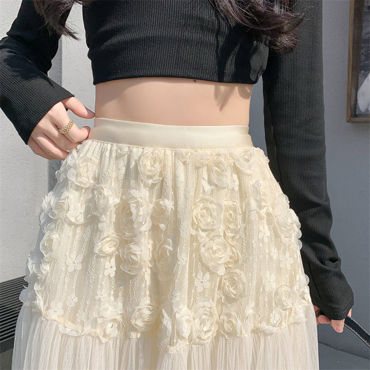 Cream Rosette Detailed Half And Half Pleated Skirt