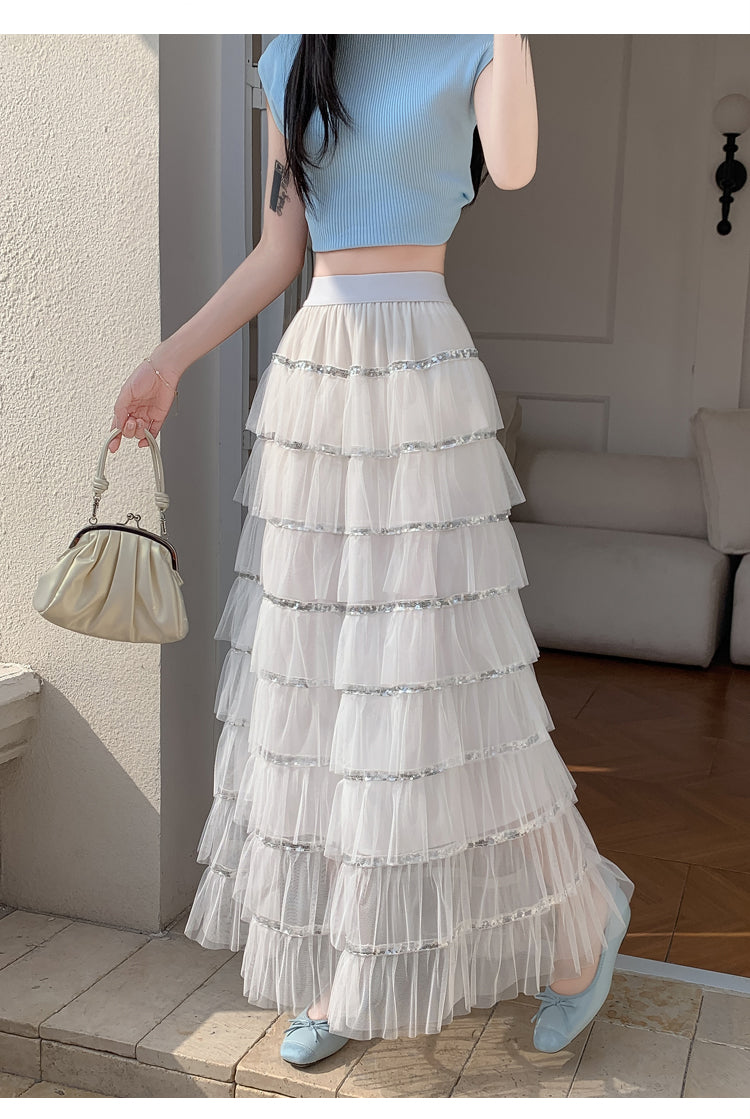 White Solid Tiered Skirt With Tonal Borders