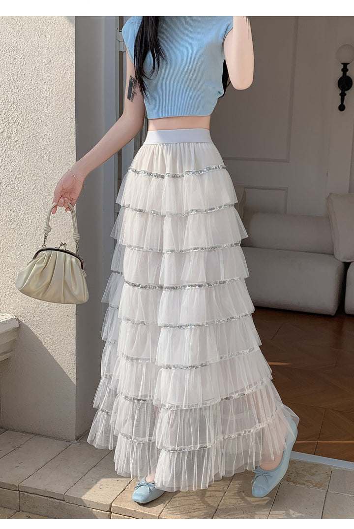 White Solid Tiered Skirt With Tonal Borders