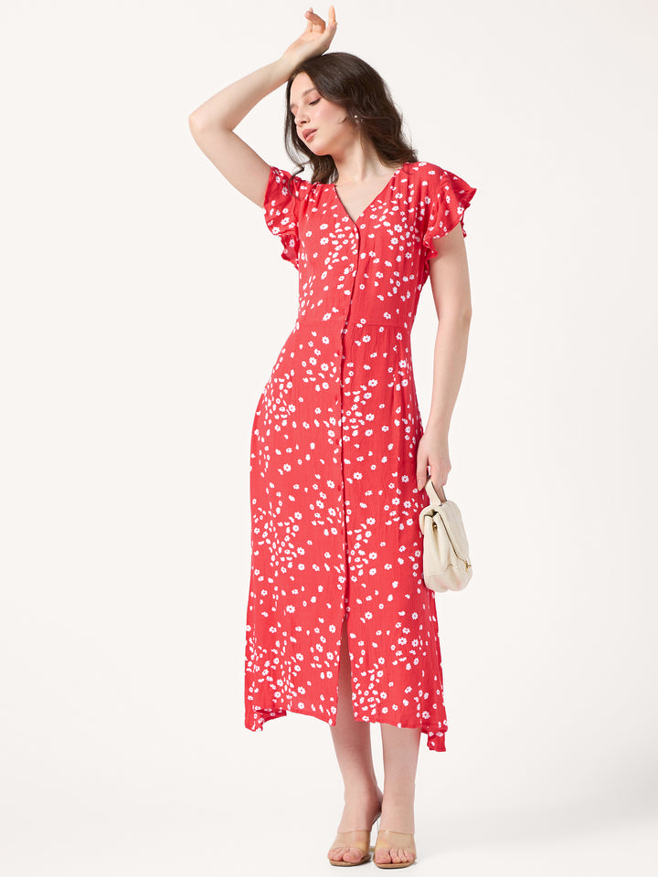 Red Printed Buttondown Dress