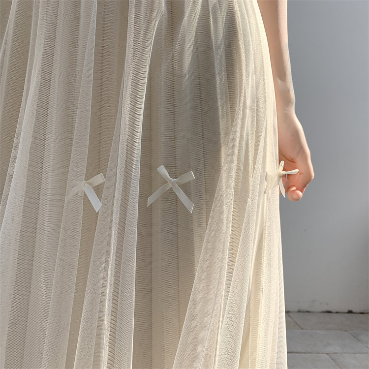 Cream A-Line Tulle Skirt With Bow Detail