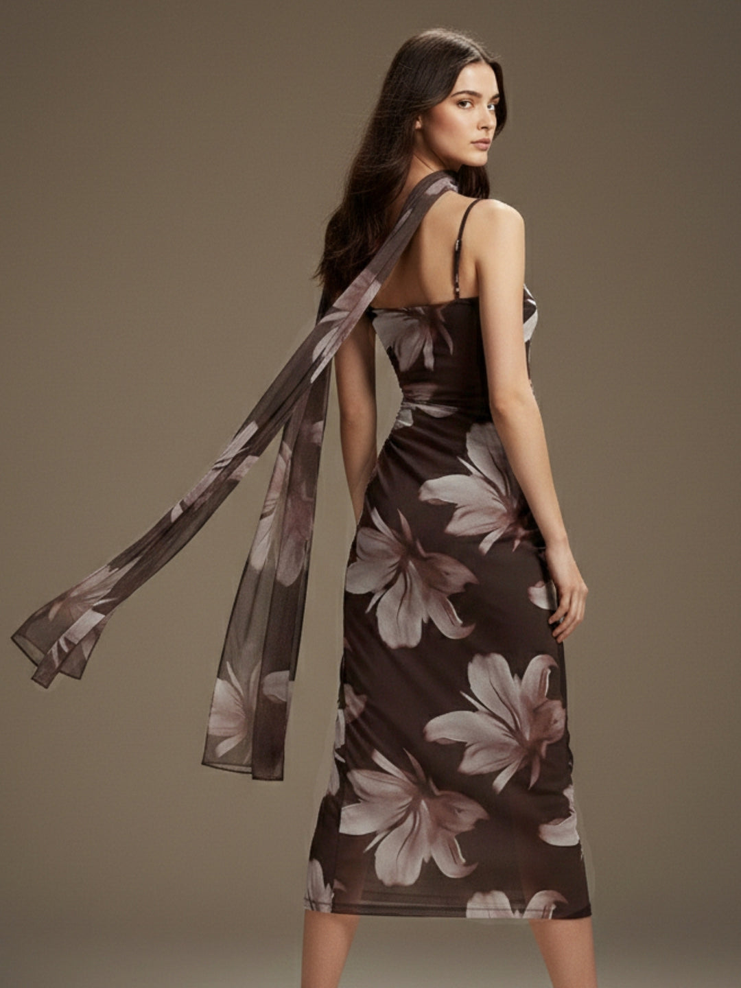Brown Strappy Printed Mesh Dress With Scarf Detail