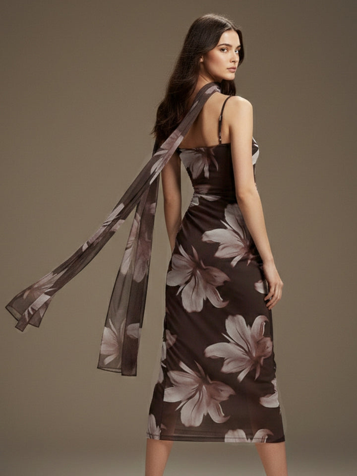 Brown Strappy Printed Mesh Dress With Scarf Detail