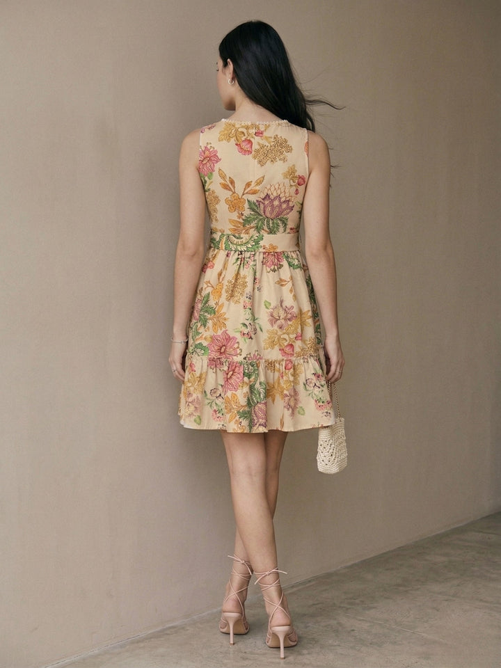 Multi Printed Tiered Lace Dress With Belt