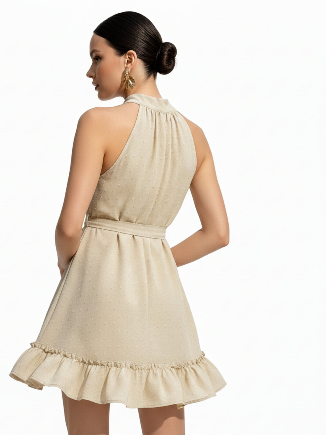 Peach Halter Neck Waist Tie-Up Ruffle Hem Dress