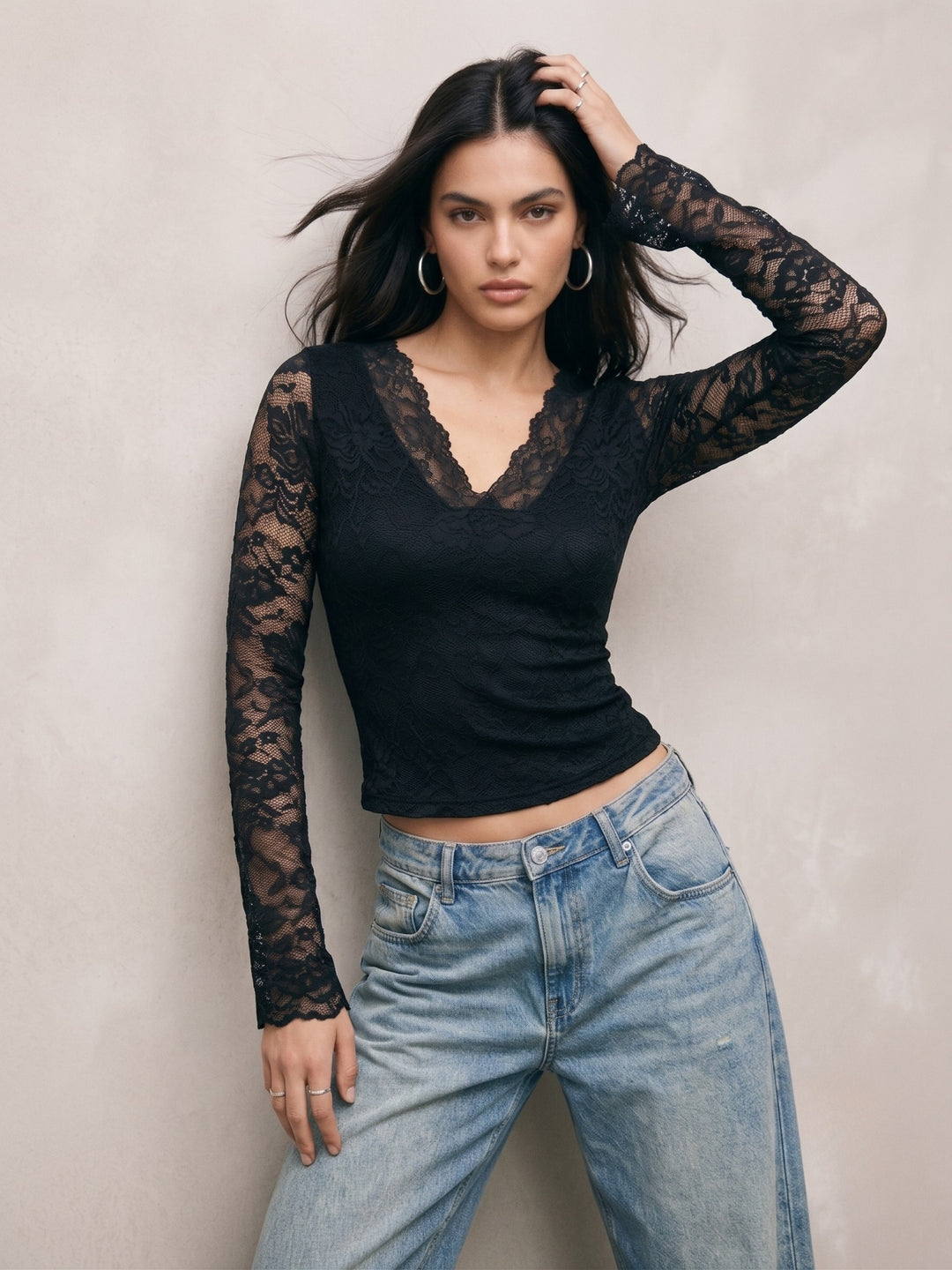Black Plunge Neck Scalloped Lace Fitted Top