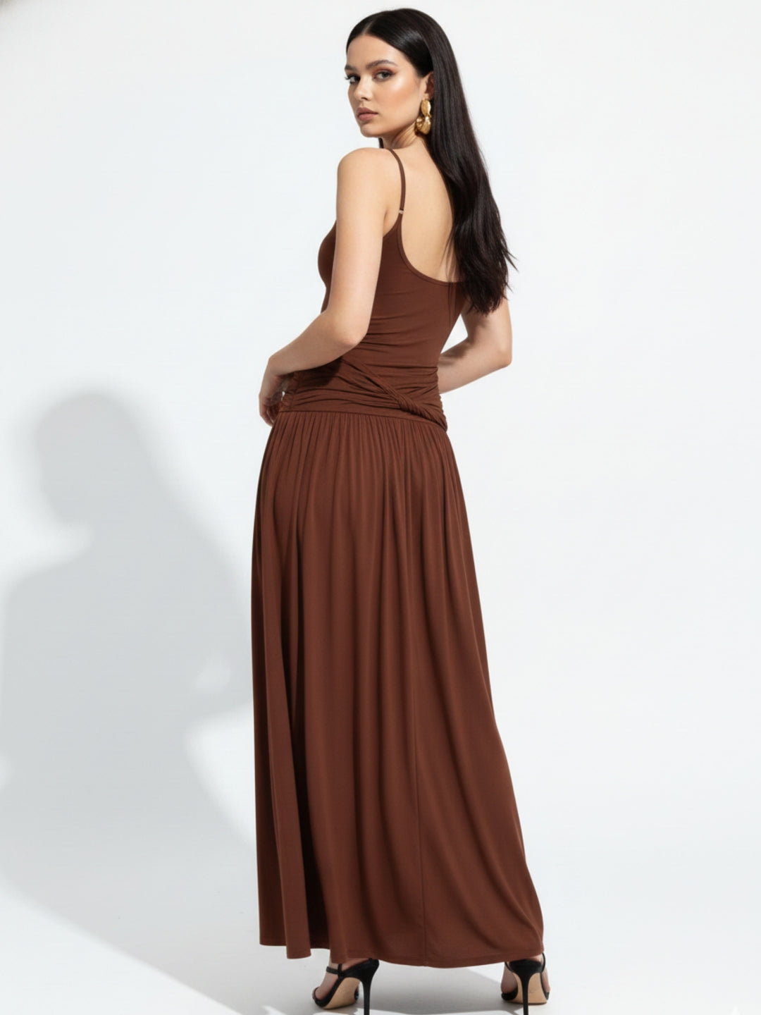Brown Spaghetti Strap Flared Dress