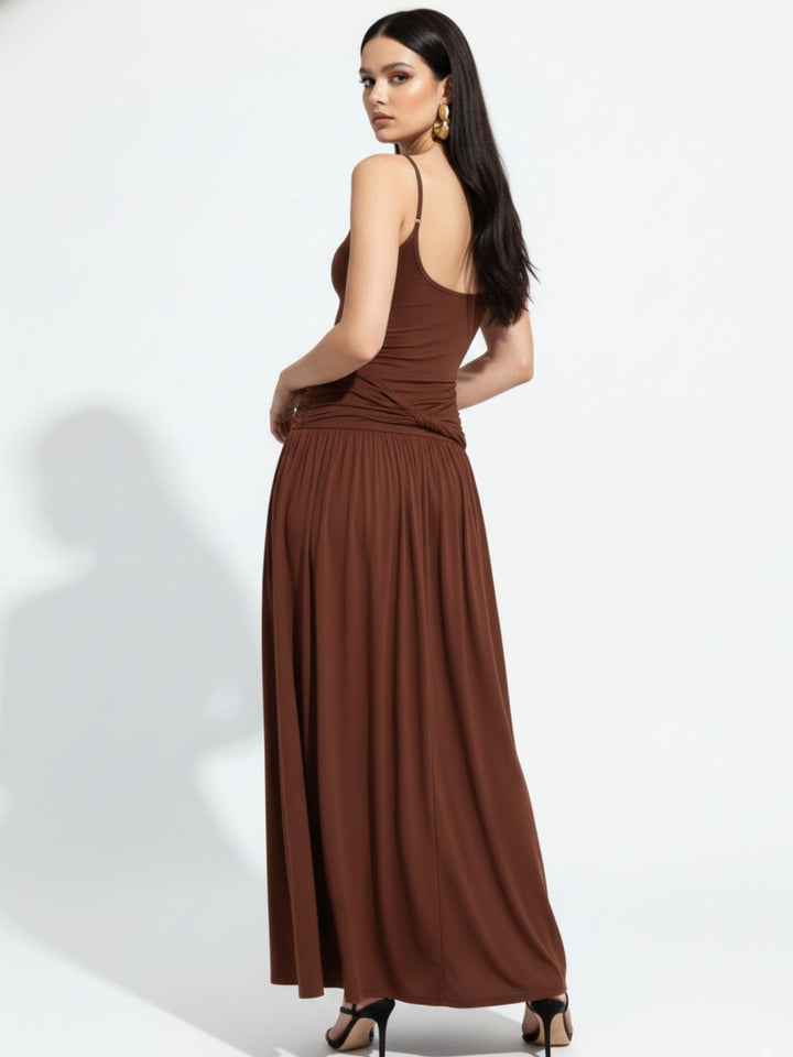 Brown Spaghetti Strap Flared Dress