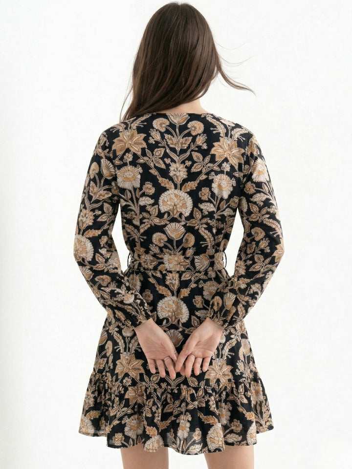 Black V Neck Printed Tier Dress With Belt