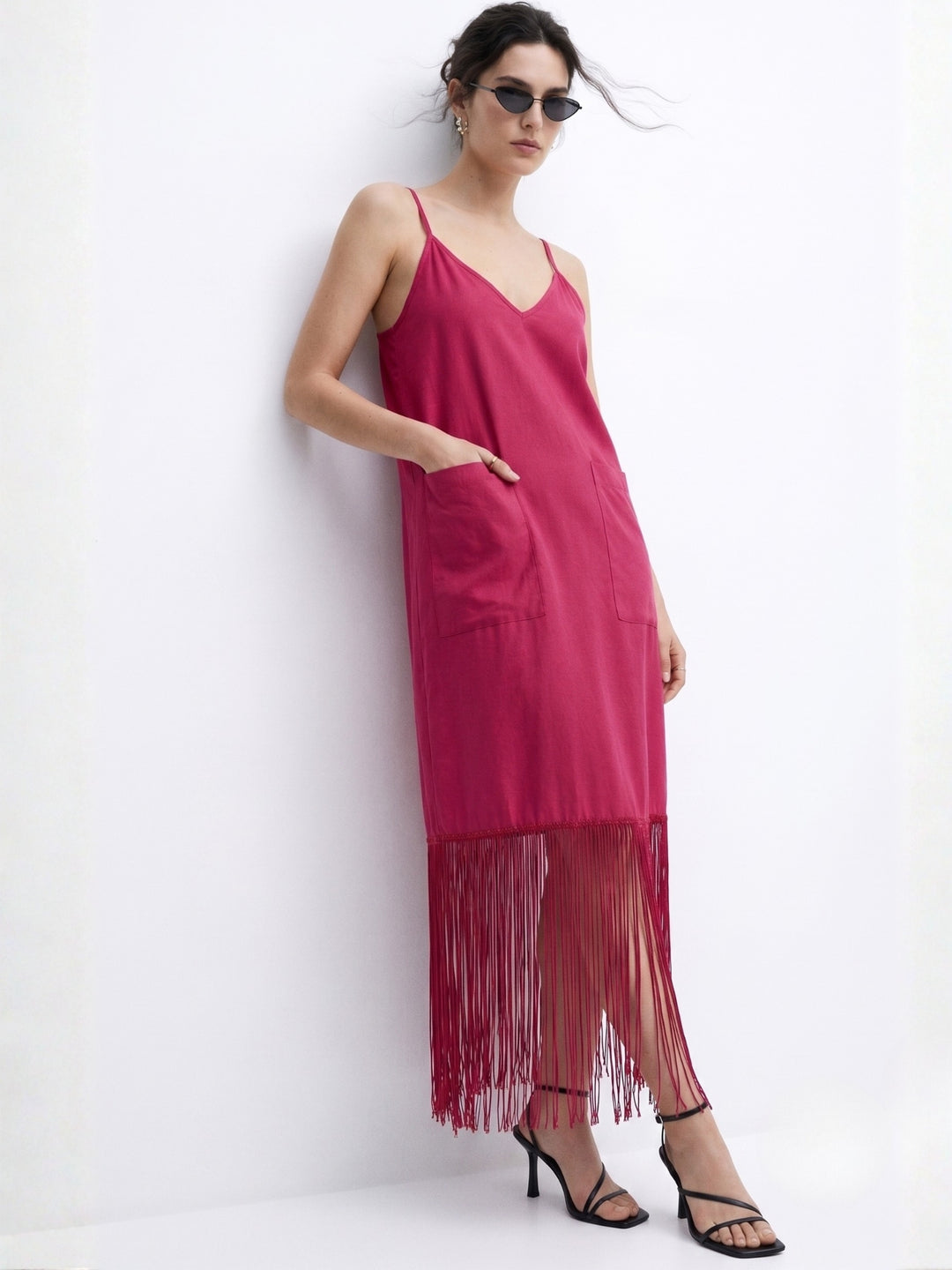 Red Strappy V Neck Dress With Fringe Details And Pockets
