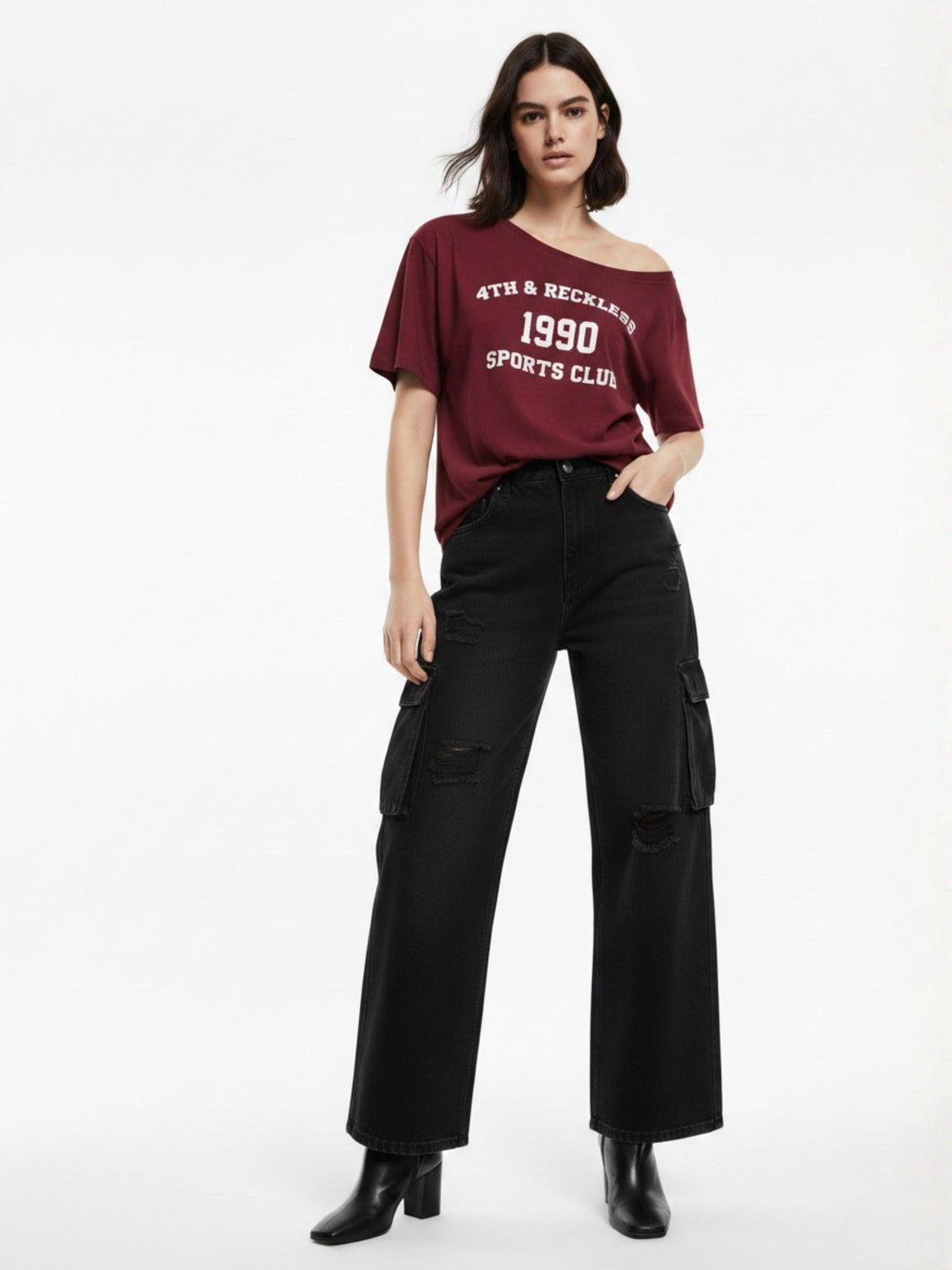Maroon Off-Shoulder Graphic Printed T-Shirt