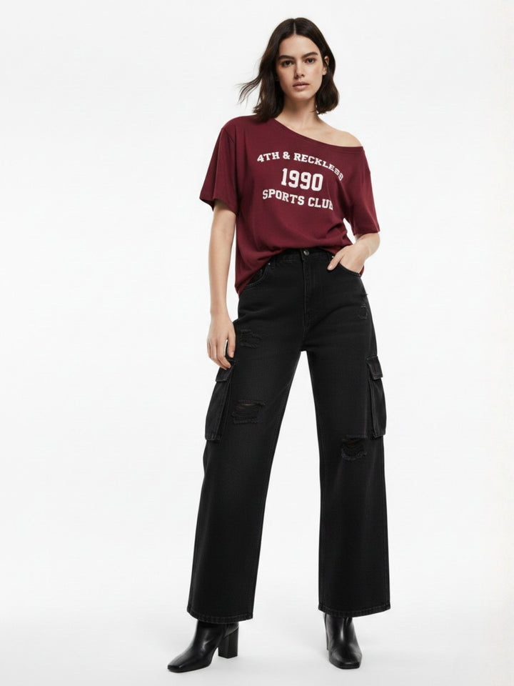 Maroon Off-Shoulder Graphic Printed T-Shirt
