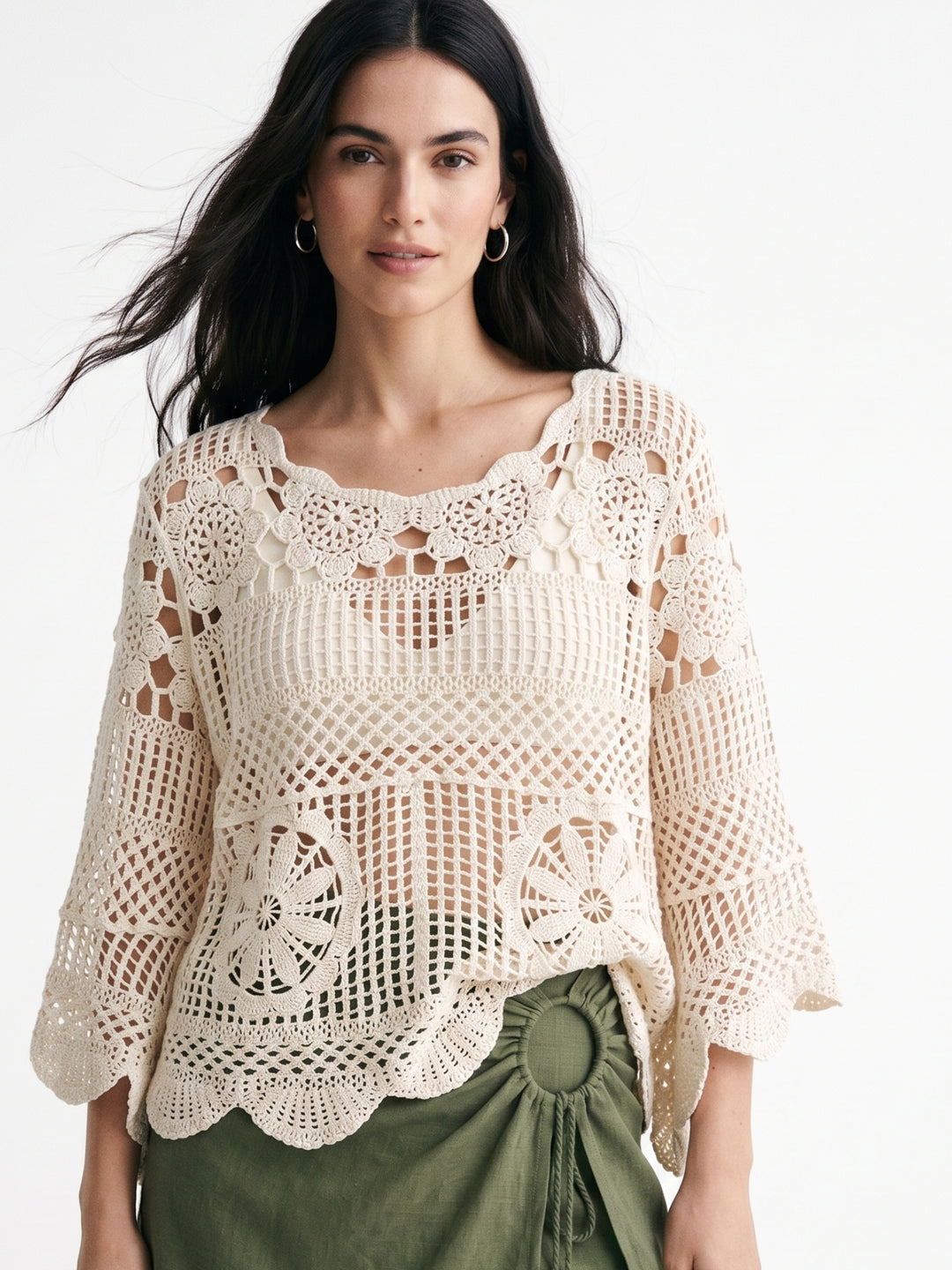Cream Bell Sleeve Crochet Cover-Up