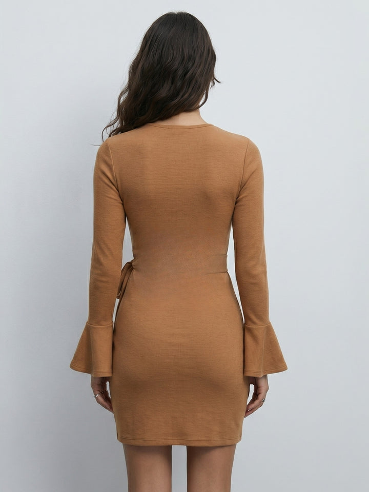 Brown Ruffle Sleeve Wrap Dress