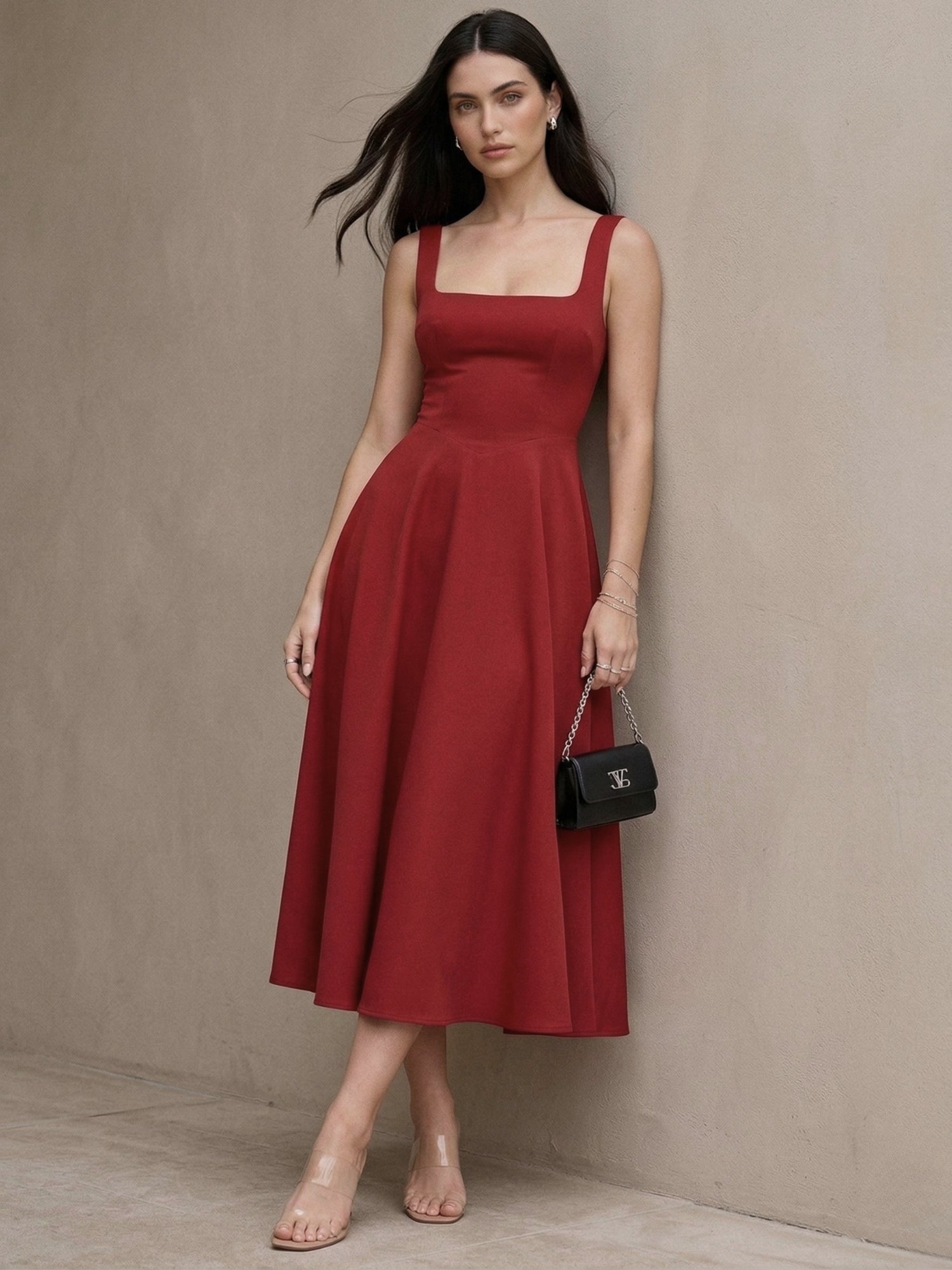 Red Square Neck Flared Dress